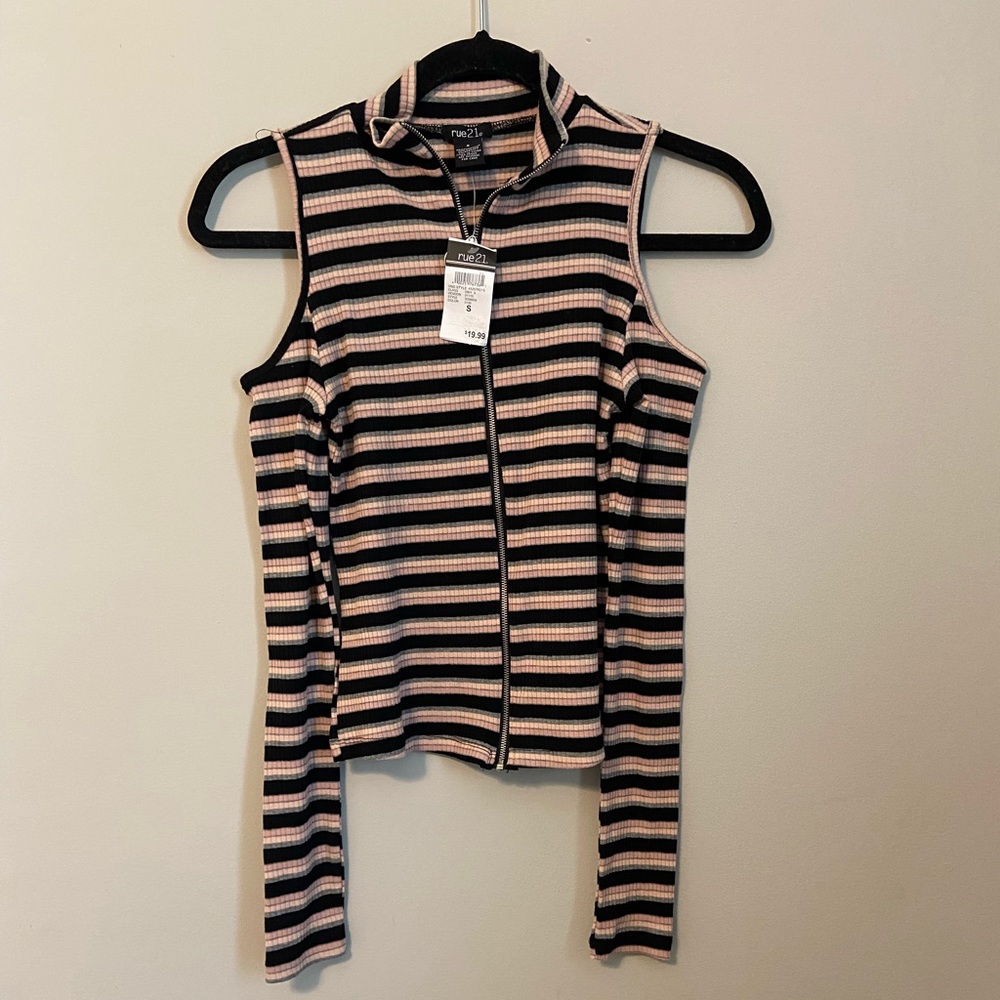 Rue21 Long Sleeved Stripe Top Cropped With Cut Out Shoulders - Pink and Black